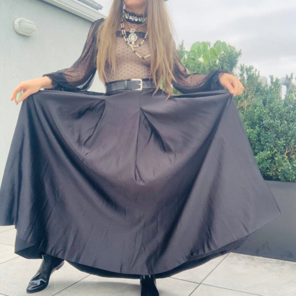 Anthro Full Satin Skater Drama Black Tie Dress Up Maxi Flare Skirt Pockets NWOT - Picture 8 of 16